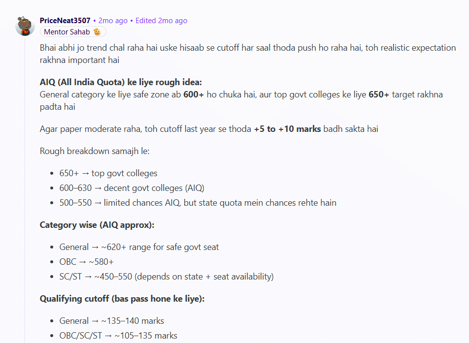 NEET 2026 safe score reddit