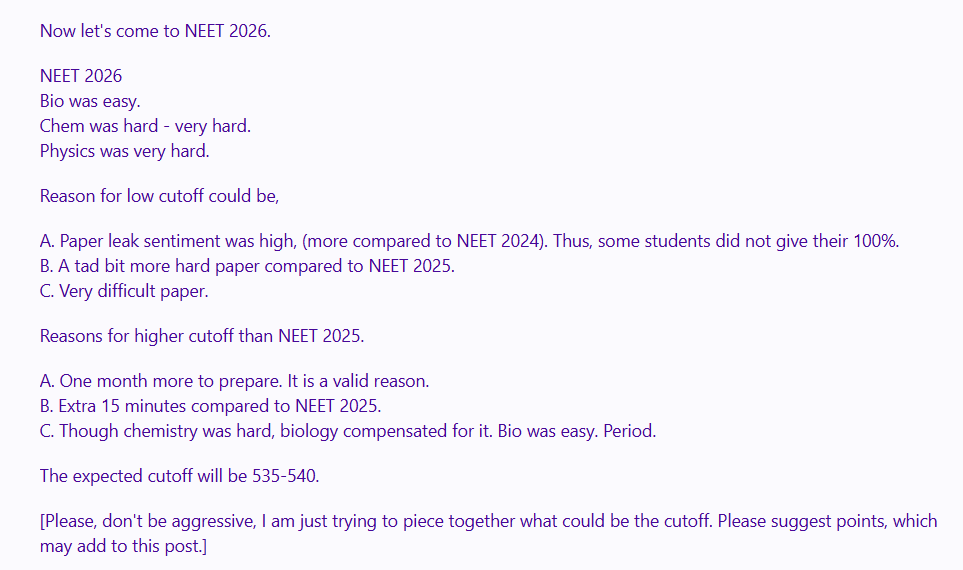 NEET 2026 Cutoff Reddit