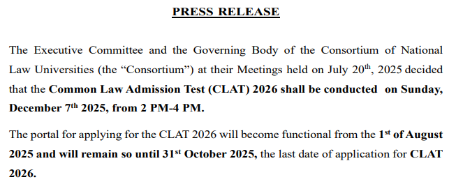 CLAT 2026 Notice