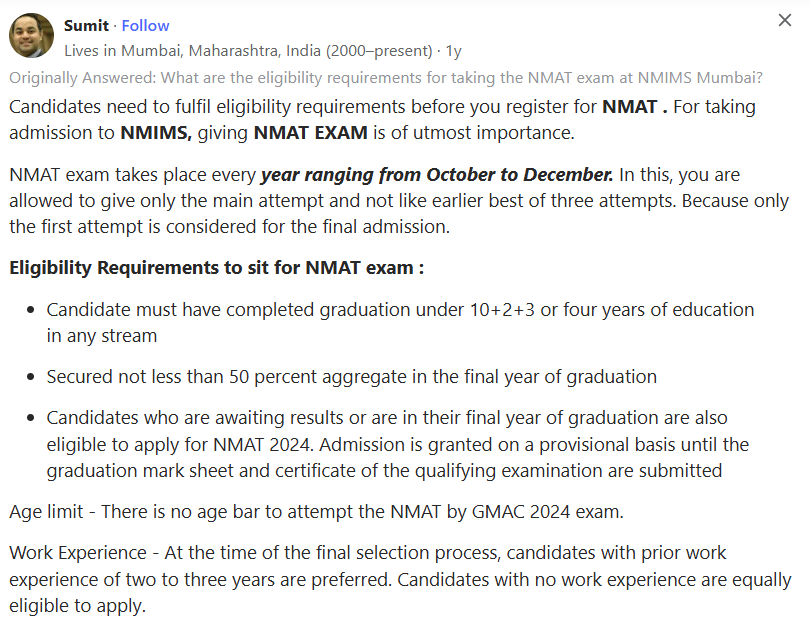 NMIMS Eligibility criteria for NMIMS Mumbai Reddit 
