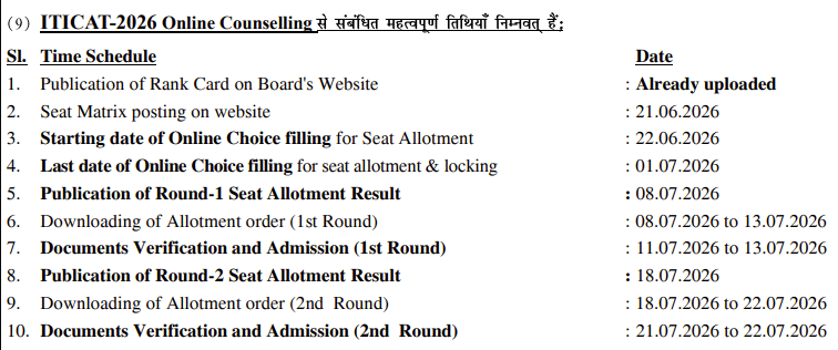 ITICAT 2026 Round 1 Seat Allotment: Key Dates