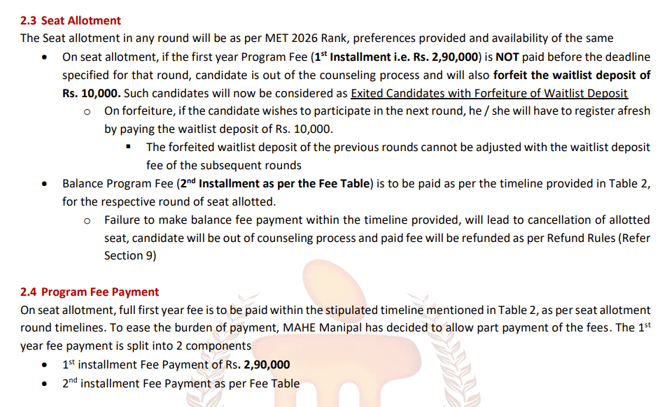 MET 2026 Round 4 First Instalment Fee Payment