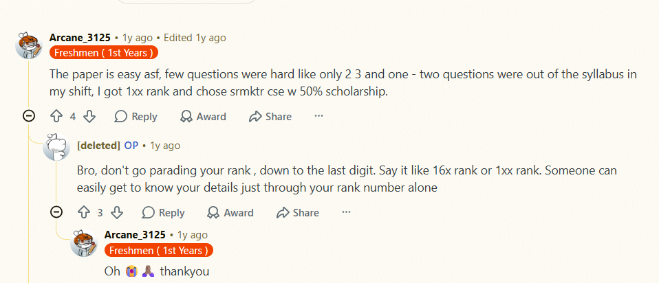 SRMJEE Reddit Post