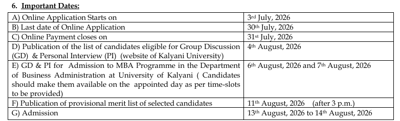 University of Kalyani MBA Admission Dates 2026-27