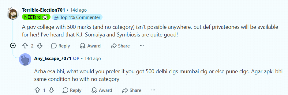 500 marks in NEET Reddit Discussion
