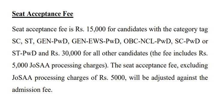 JoSAA 2026 Seat Acceptance Fee