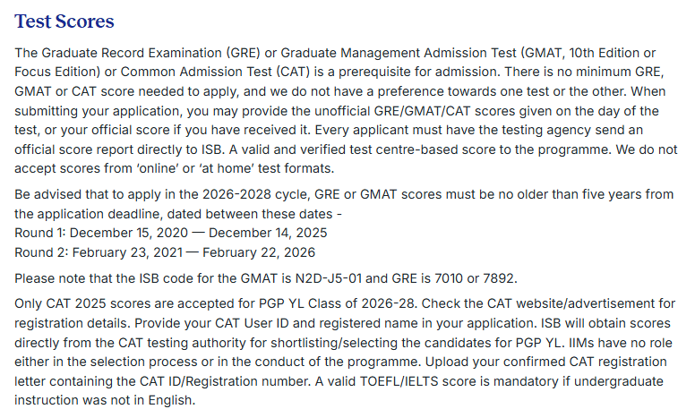 ISB Hyderabad PGP YL Test Score Requirements