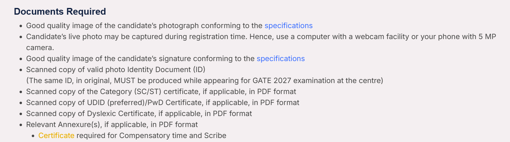 Documents Required for GATE 2027 Registration