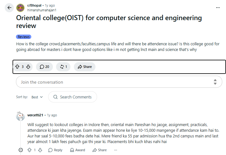 Oriental University B.Tech Fees Discussion 