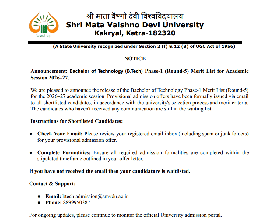 SMVDU BTech Admission 2026 Phase 1 Round 5 Merit List Out