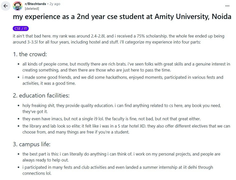A student review about Amity Noida on Reddit