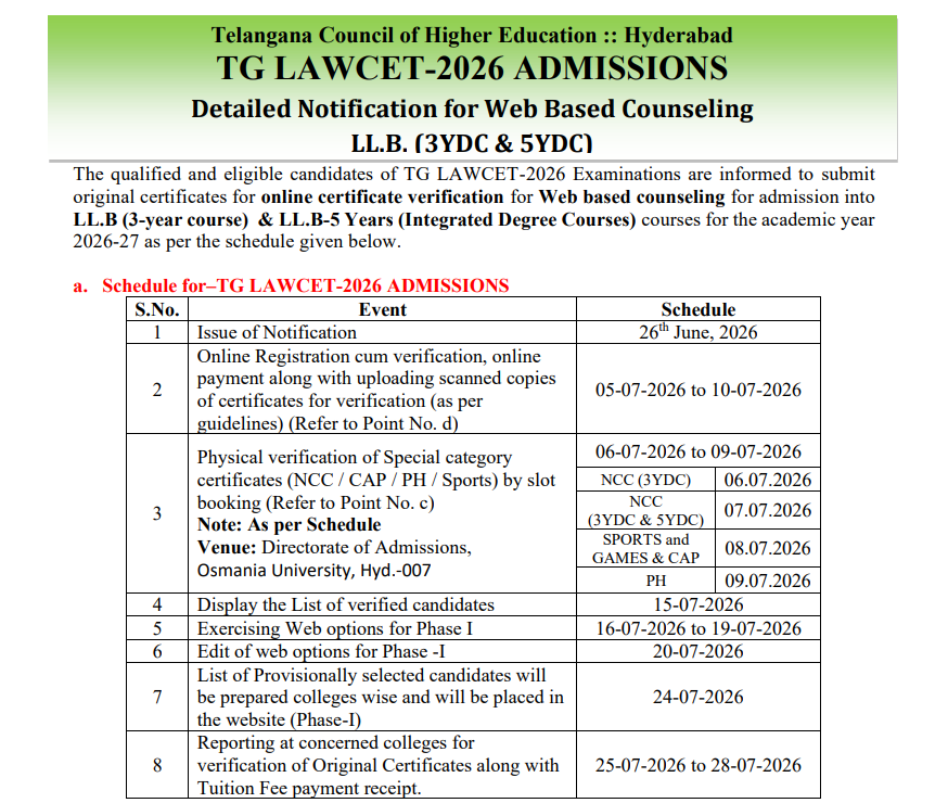 TS LAWCET 2026 Phase 1 Counselling Registration Begins