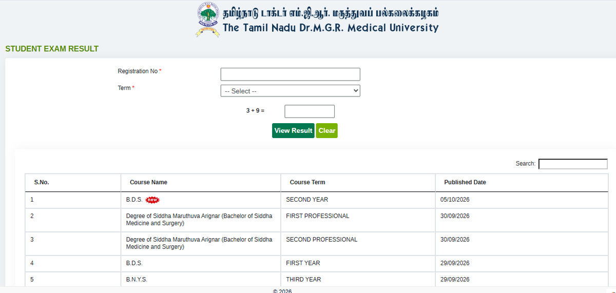 TNMGRMU Result portal 