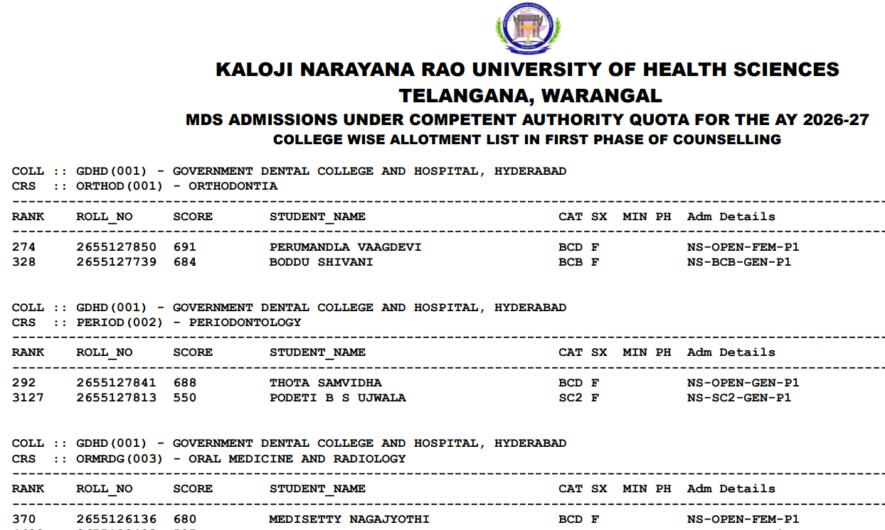 Telangana NEET MDS 2026 First Phase Key Dates