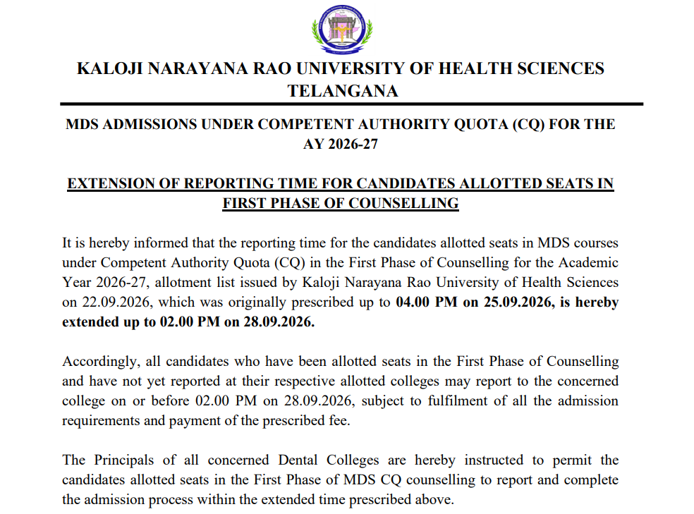 Telangana NEET MDS 2026 Phase 1 Important Dates