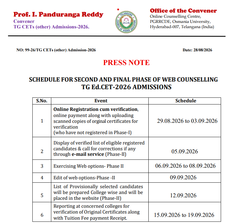 TS EdCET 2026 Phase 2 Important Dates