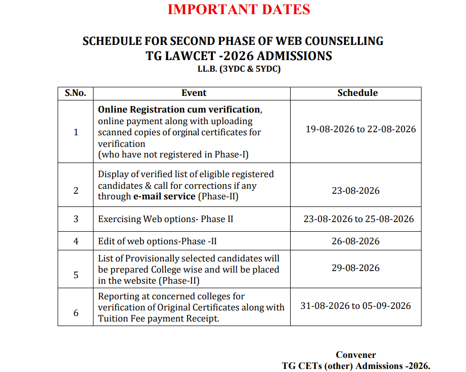 TS LAWCET 2026 Phase 2 Key Dates