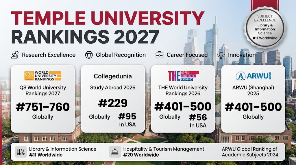 A premium, landscape-oriented (16:9) university ranking infographic for Temple University, featuring a clean, modern, and professional editorial-style layout. Background: A high-quality photo of Temple University’s campus blended seamlessly with the urban skyline of Philadelphia under a bright sky. Header Section: At the top left, large bold typography reads