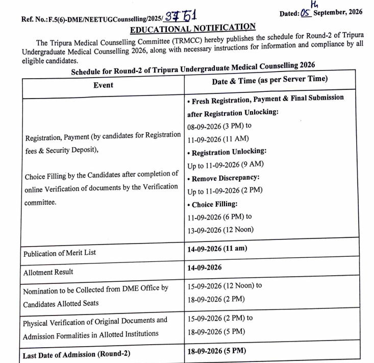 Tripura NEET UG 2026 Round 2 Important Dates
