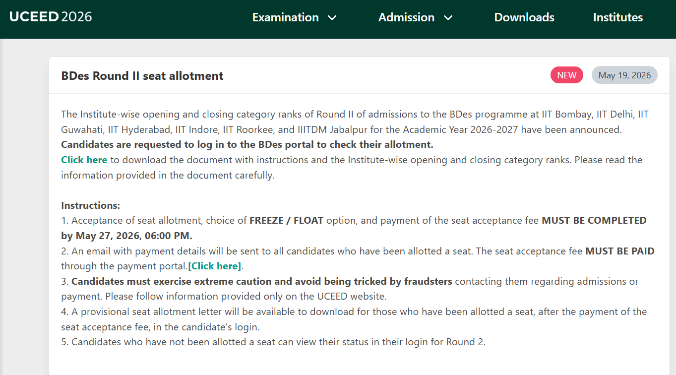 UCEED 2026 BDes Round 2 Seat Allotment Out
