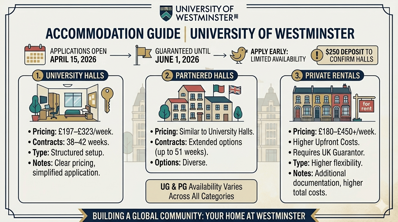 Infographic titled Accommodation Guide &ndash; University of Westminster showing student housing options for 2026. It highlights key dates (applications open April 15, guaranteed until June 1, $250 deposit), and compares three options: university halls (&pound;197&ndash;&pound;323/week, 38&ndash;42 weeks, structured), partnered halls (similar pricing, up to 51-week contracts), and private rentals (&pound;180&ndash;&pound;450+/week, higher costs, UK guarantor required, more flexible). Also notes that availability varies for UG and PG students.