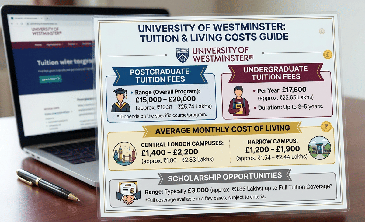 The infographic highlights postgraduate tuition fees ranging from &pound;15,000&ndash;&pound;20,000, undergraduate tuition fees of &pound;17,600 per year, average monthly living costs for Central London and Harrow campuses, and scholarship opportunities up to full tuition coverage. The design uses blue, maroon, gold, and grey sections with student and campus-themed icons.