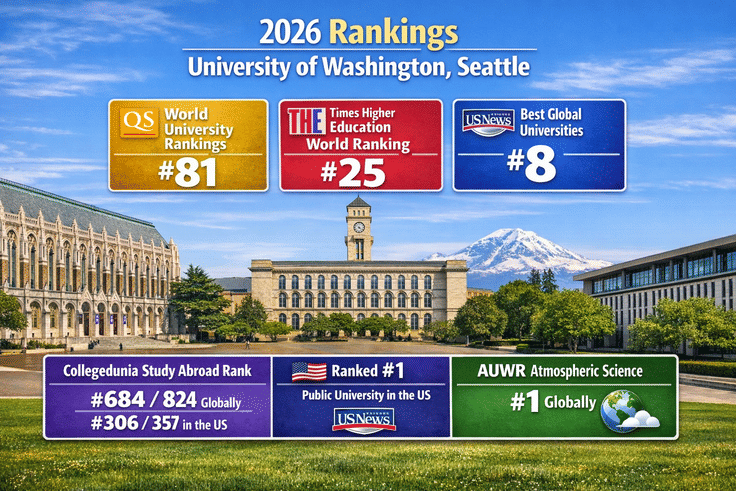 Landscape infographic titled &lsquo;2026 Rankings &ndash; University of Washington, Seattle&rsquo; showing QS World University Rankings #81, Times Higher Education #25, US News Best Global Universities #8. Below: Collegedunia Study Abroad Rank #684 / 824 Globally and #306 / 357 in the US; US News #1 Public University in the US; AUWR Atmospheric Science #1 Globally. Background features UW Seattle&rsquo;s Suzzallo Library and Mount Rainier under a clear blue sky