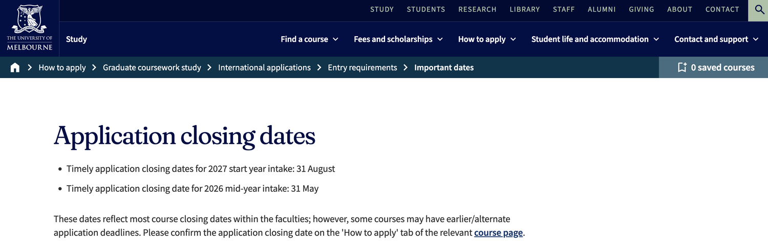 University of Melbourne's official admissions page confirming the 31 May 2026 deadline for the mid-year intake