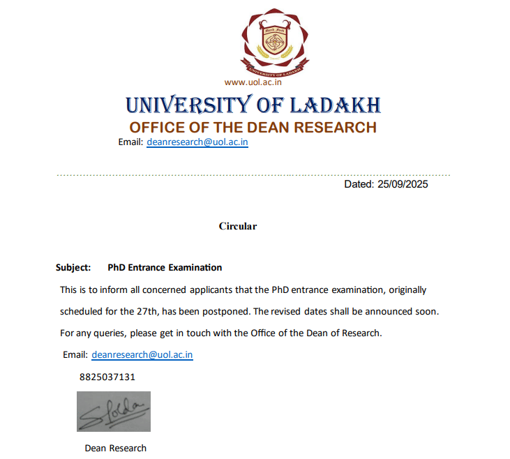 University of Ladakh PhD Entrance Exam Postponed