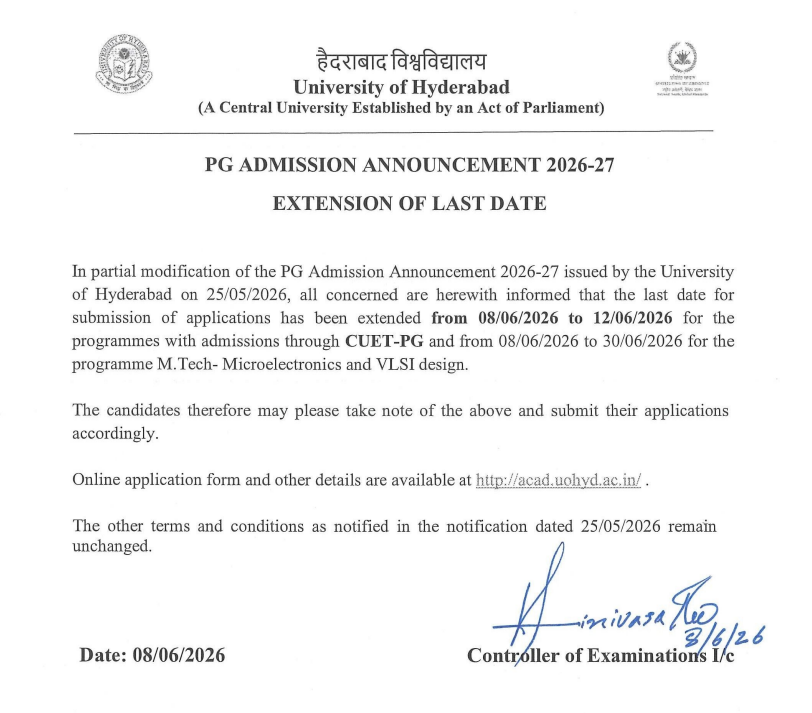 Hyderabad University PG Application Deadline Extended 