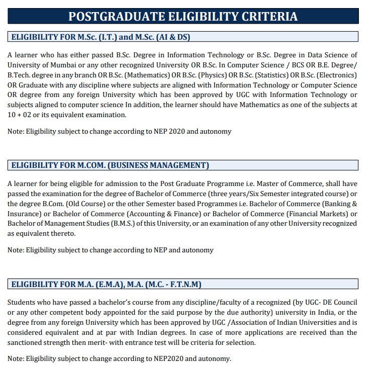 Usha Pravin Gandhi College of Management Mumbai PG Eligibility