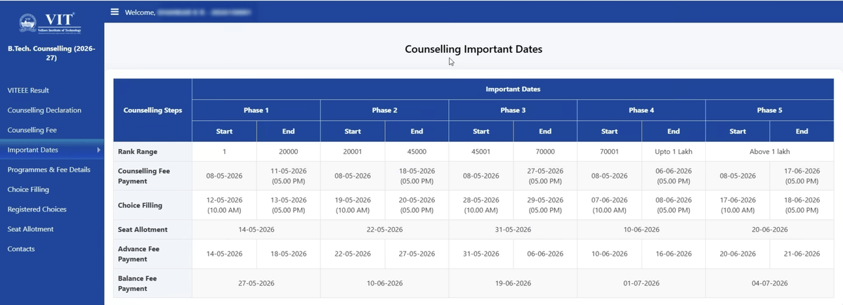 VITEEE 2026 Counselling Begins