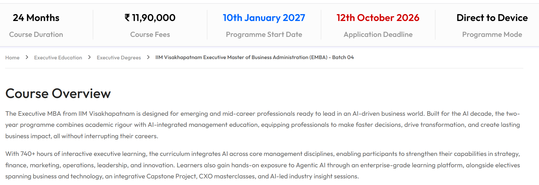 IIM Visakhapatnam EMBA 2026-28 Important Dates