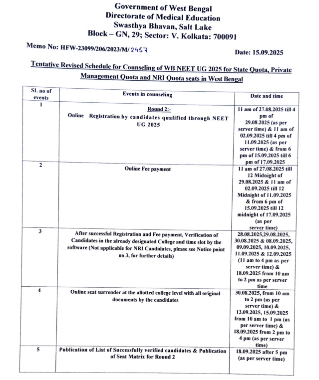 WB NEET UG 2025 Revised Round Dates