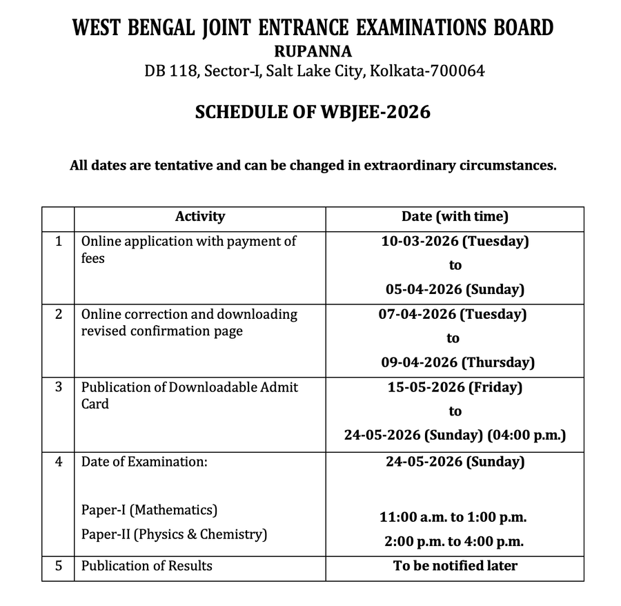 WBJEE 2026 Notification Released; Exam on May 24, Registration Begins March 10