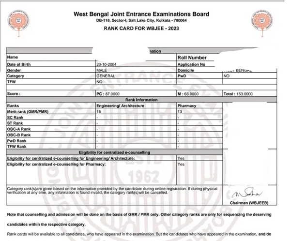 WBJEE Sample Rank Card