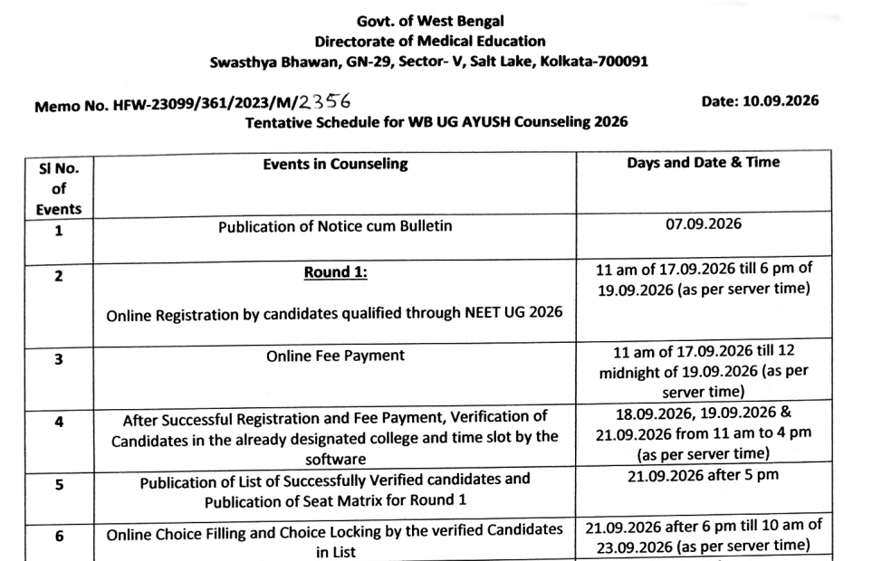 WB AYUSH UG Counselling 2026 Round 1 Important Dates
