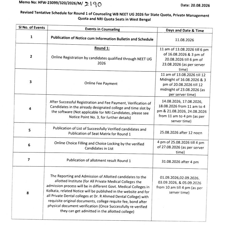 WB NEET UG 2026 Round 1 Revised Schedule