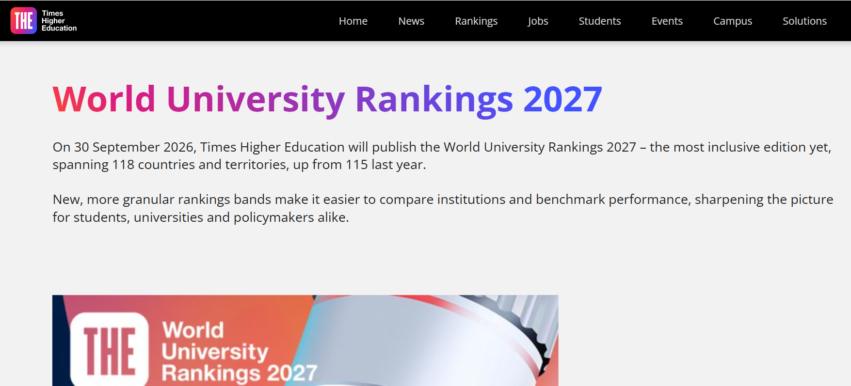 THE World University Rankings 2027 Key Details