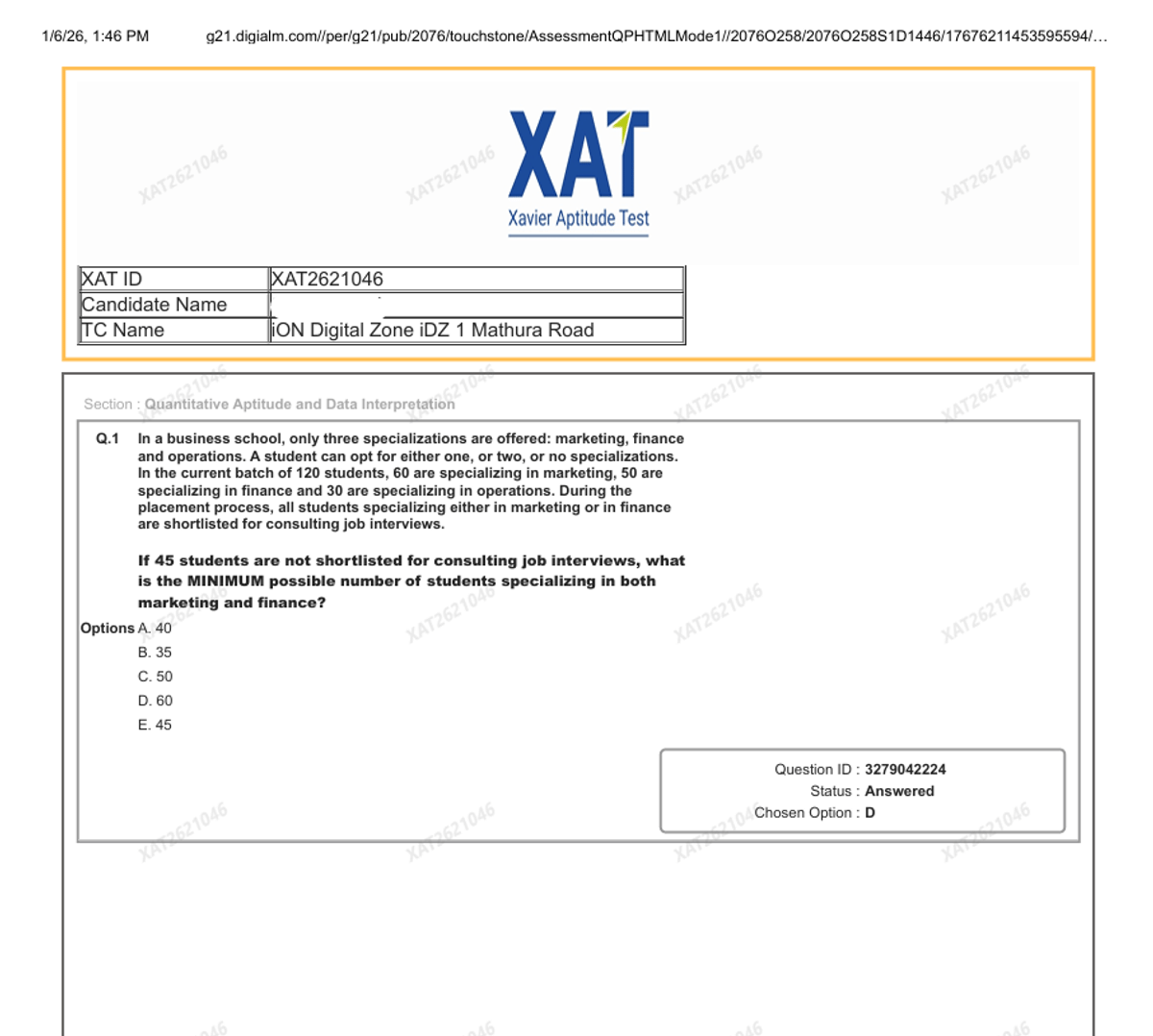 XAT Response Sheet