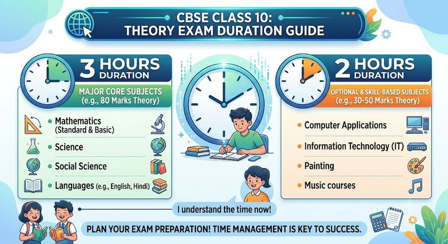 What is the duration of each theory exam in CBSE Class 10?
