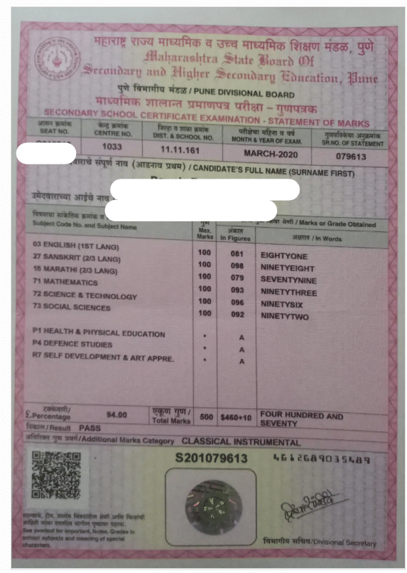 Maharashtra SSC Result 2026: Scorecard Sample