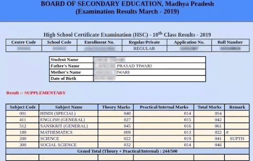 A sample image of the MP Board Class 10 marksheet is given below: