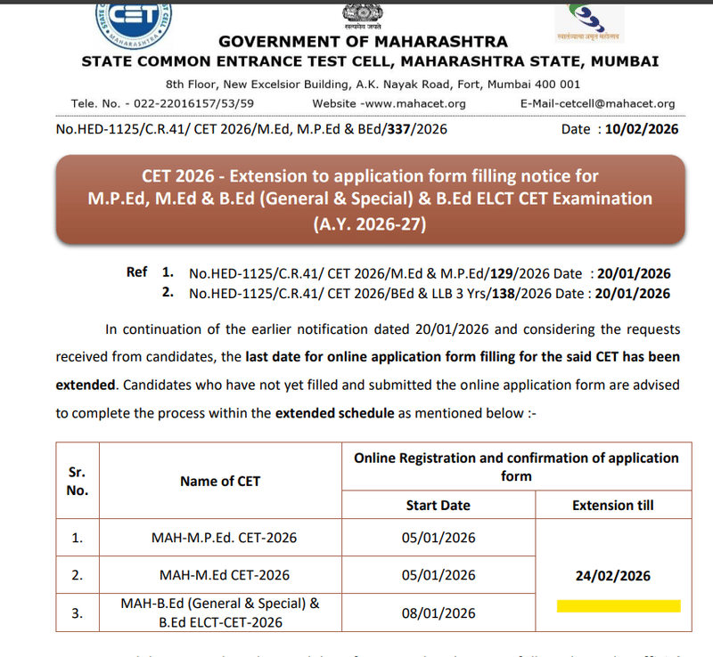 MAH BEd CET 2026 Registration