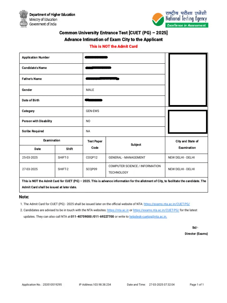 Details mentioned in the CUET PG City Intimation Slip 2026