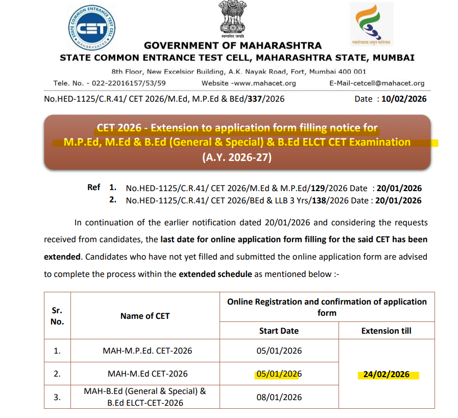 MAH M.Ed CET 2026 Registration Schedule