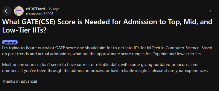 Reddit Discussion on GATE Score Needed for CSE in Top IITs
