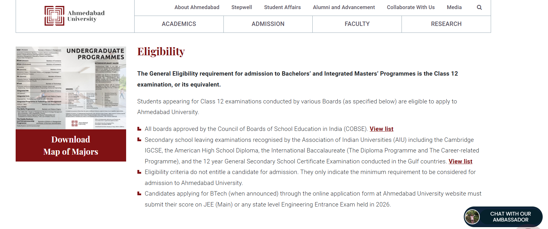 Ahmedabad University UG Eligibility 2027