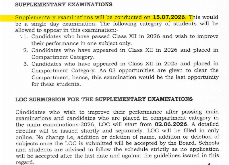 Official notification issued by CBSE for class 12th compartment exam: