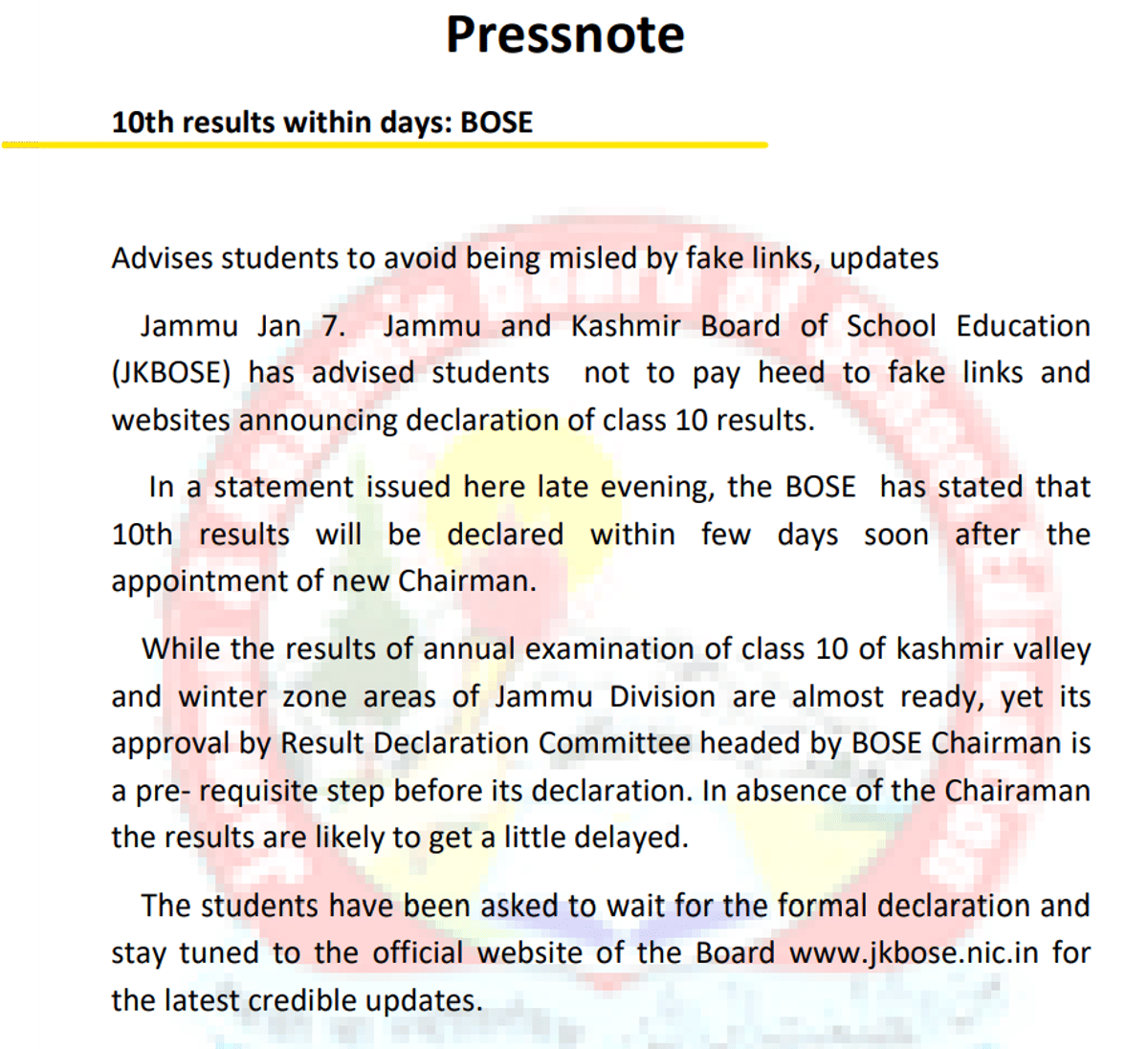 Press Note Regarding JKBOSE Class 10 Results